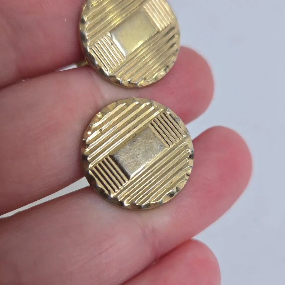 Cufflinks Gold Tone Vintage MCM Geometric Circle Stripe Art Deco Style